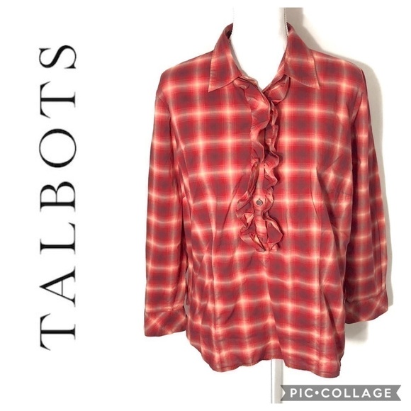 Talbots Plaid Ruffled Neckline Top 14WP Button Shirt Pink Red Women’s - Picture 1 of 7